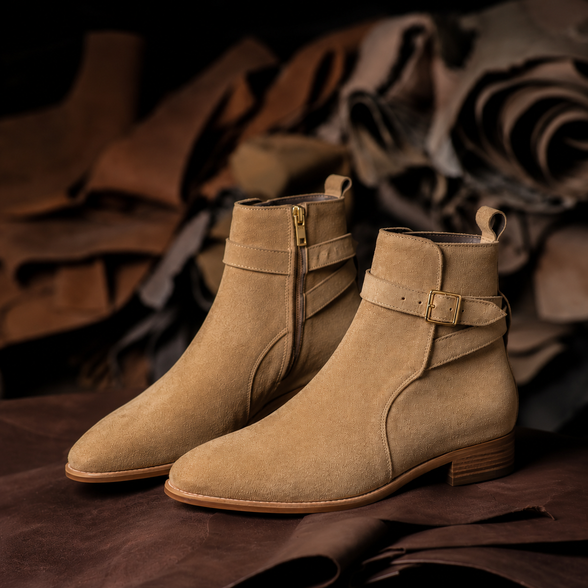 Men's Tan Leather Slip-On Ankle Boots
