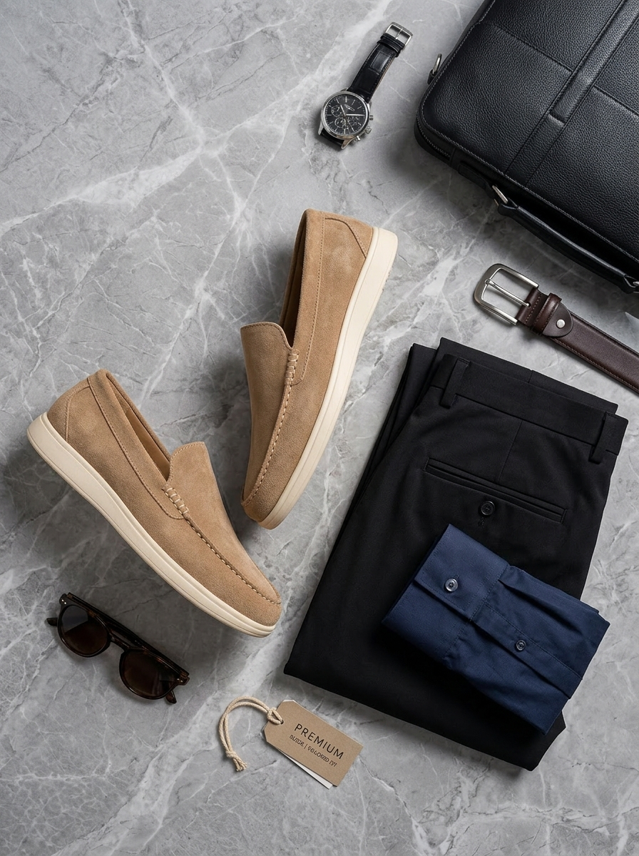 Beige suede loafers styled with black pants, navy shirt, sunglasses, watch, and leather belt on a marble surface