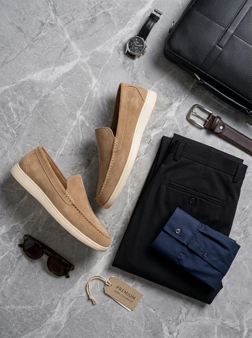 Beige suede loafers styled with black pants, navy shirt, sunglasses, watch, and leather belt on a marble surface