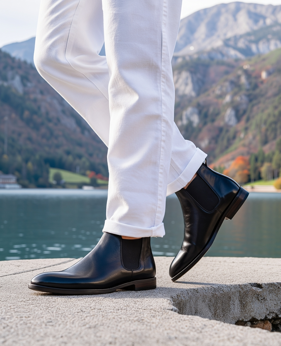 A person wearing white trousers and black Chelsea boots stands on a concrete ledge with a scenic mountain lake background.