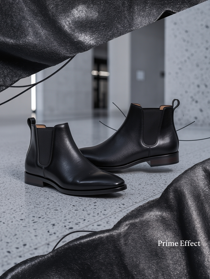 Black leather Chelsea boots on a gray floor with 'Prime Effect' branding.