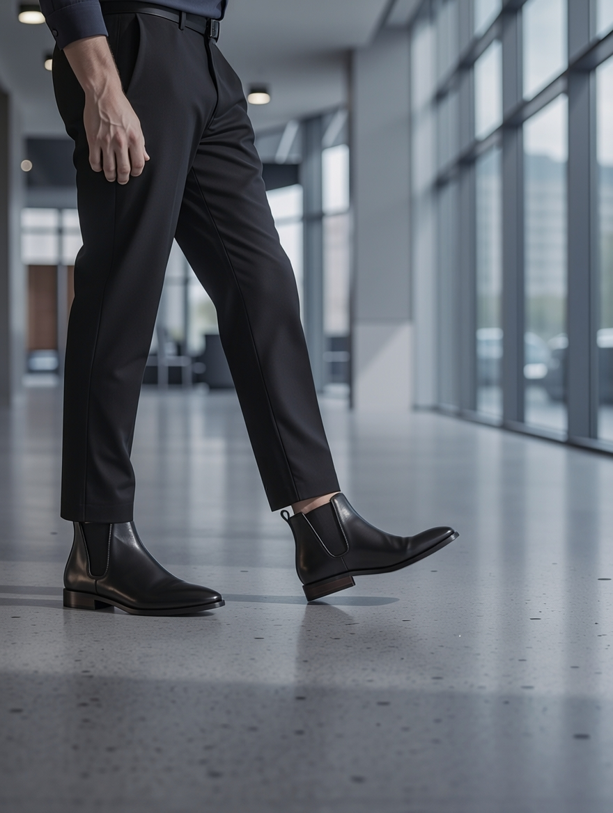 Person wearing black dress pants and shoes in a modern indoor setting