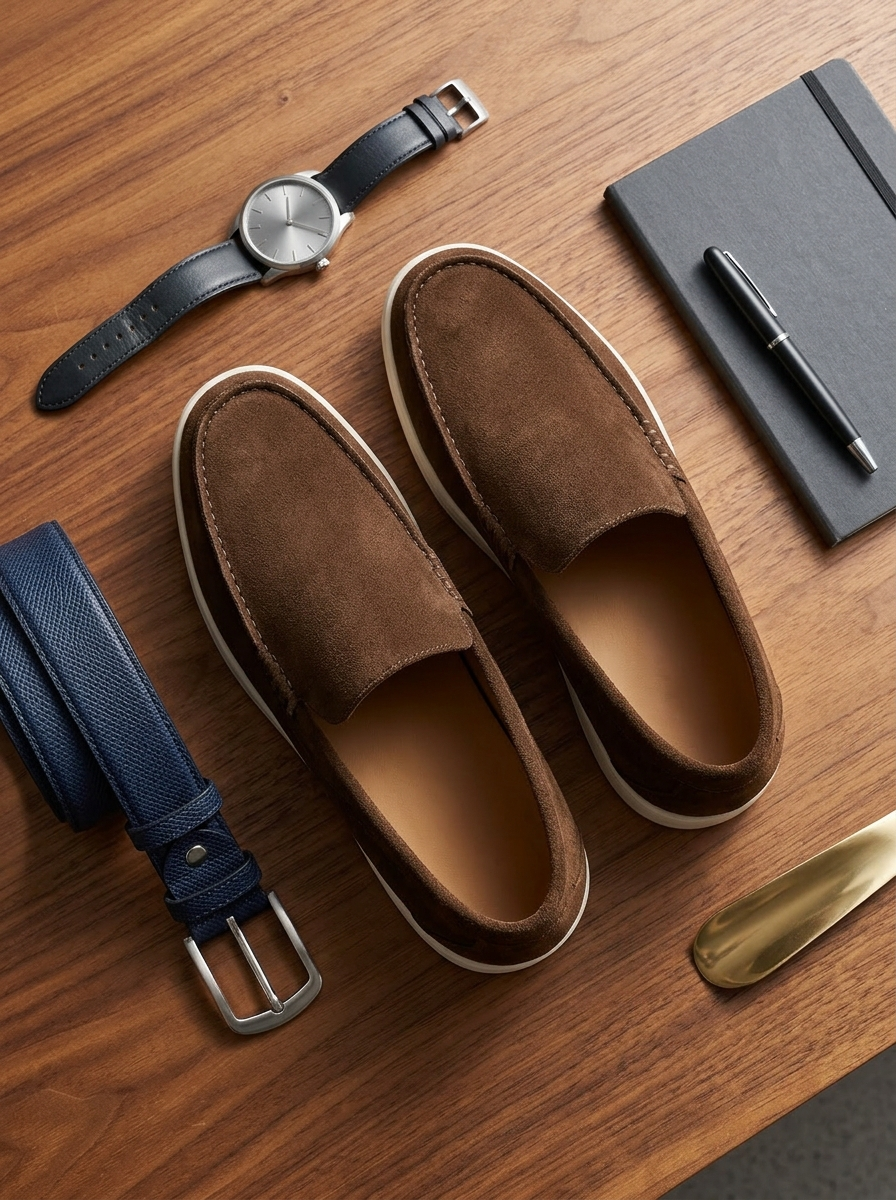 Brown suede penny loafers on a neutral background