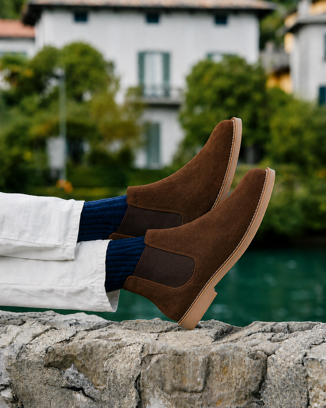 A person wearing brown suede Chelsea-style ankle boots with dark elastic side panels, paired with white trousers and navy socks, sitting on a stone ledge with a blurred lakeside house in the background.