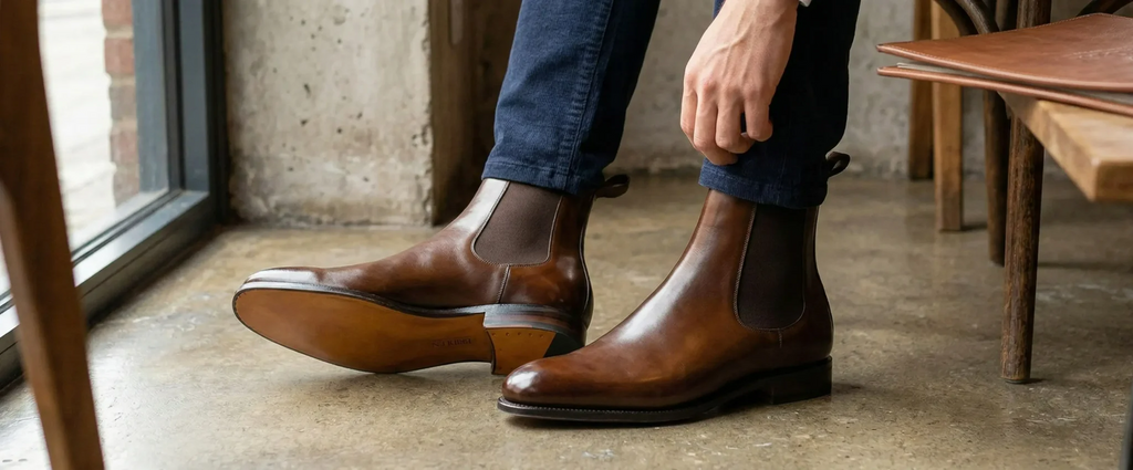 Person wearing brown leather boots in a casual indoor setting