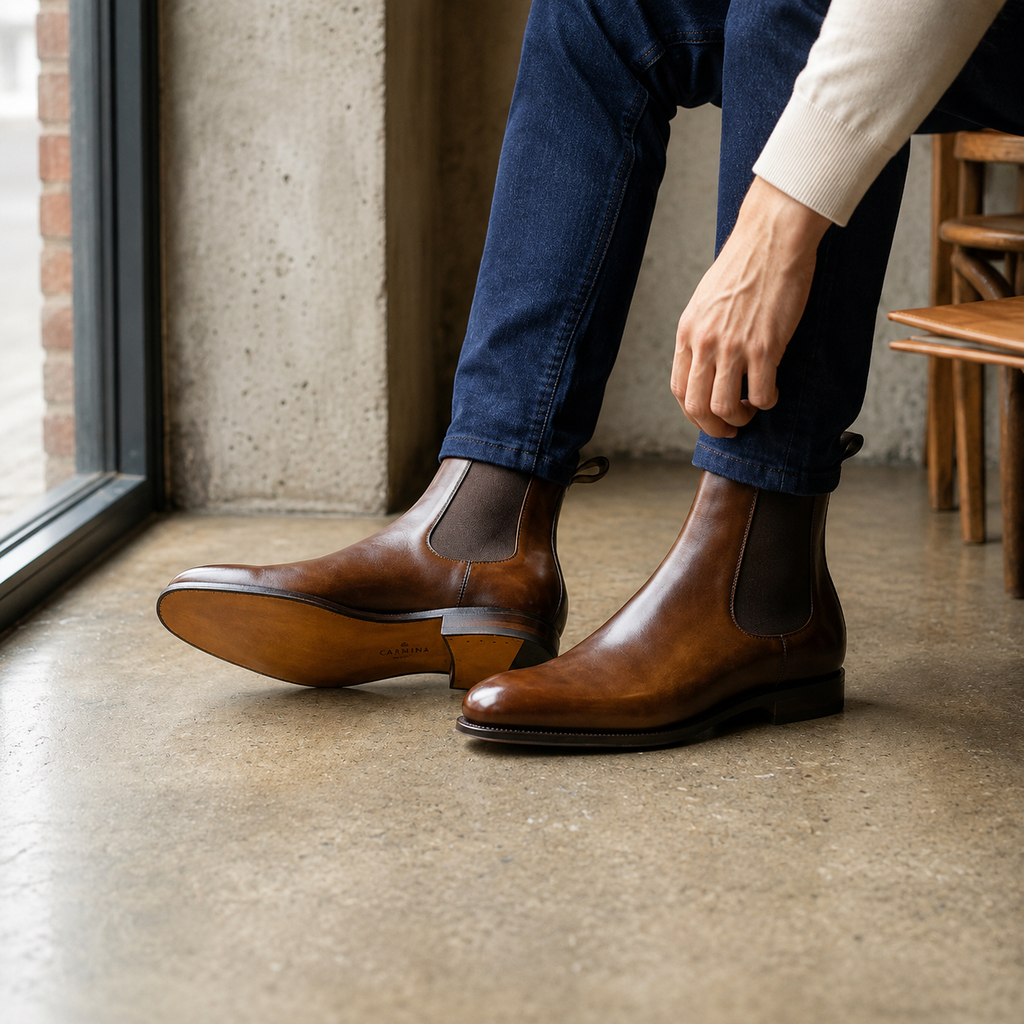 Person wearing brown leather Chelsea boots and blue jeans indoors.