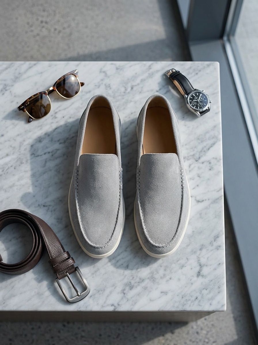 Grey suede penny loafers product detail shot