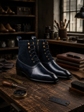 Pair of black leather boots on a wooden workbench with shoe care tools in a workshop setting.