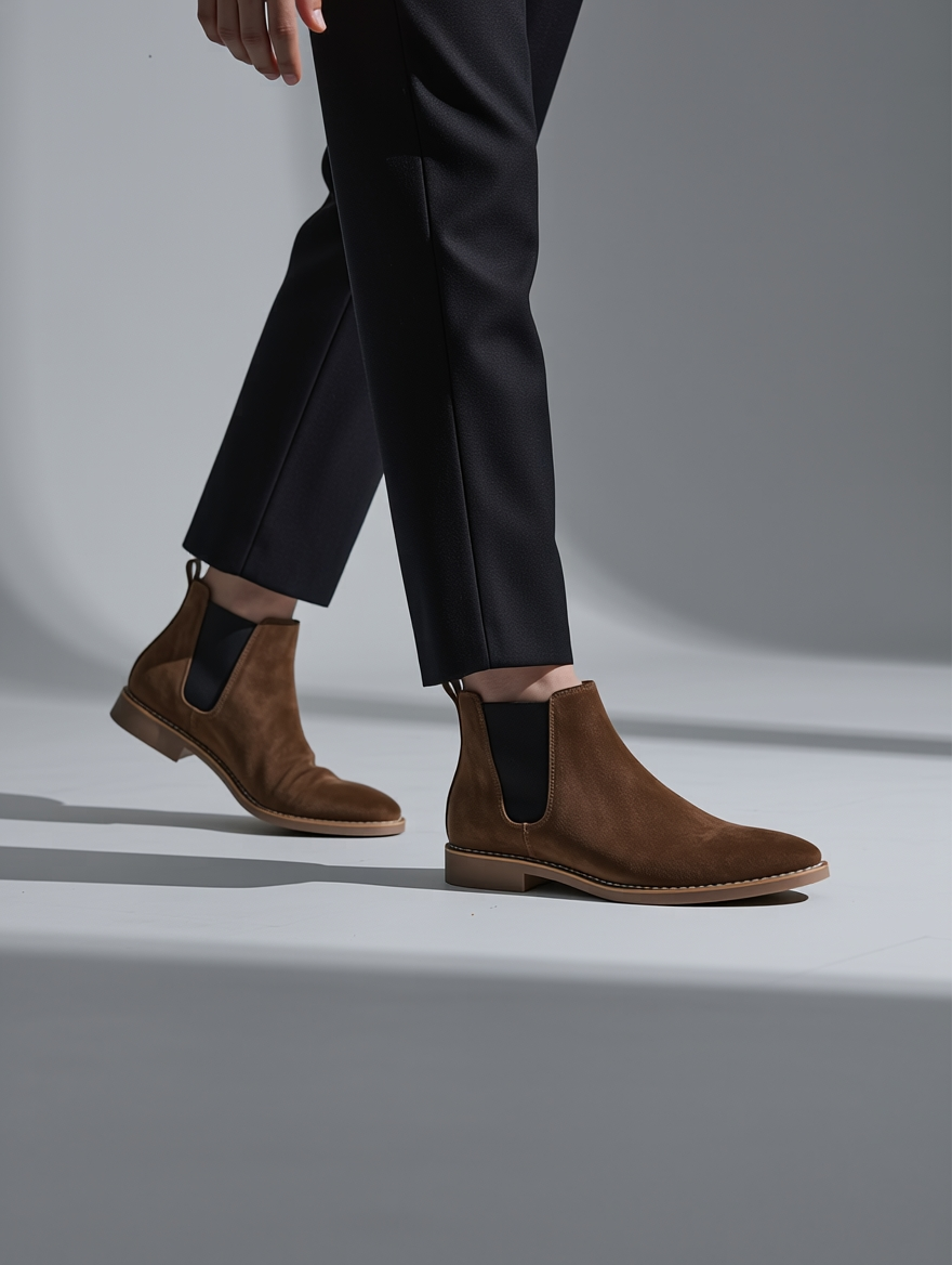 Brown suede Chelsea boots worn with black pants on a gray background