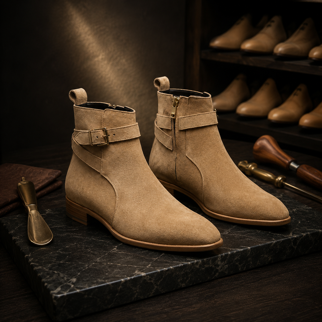 Pair of beige suede boots on a dark surface with a spotlight effect