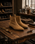 Pair of tan suede boots on a wooden workbench with tools and leather goods in a workshop setting.