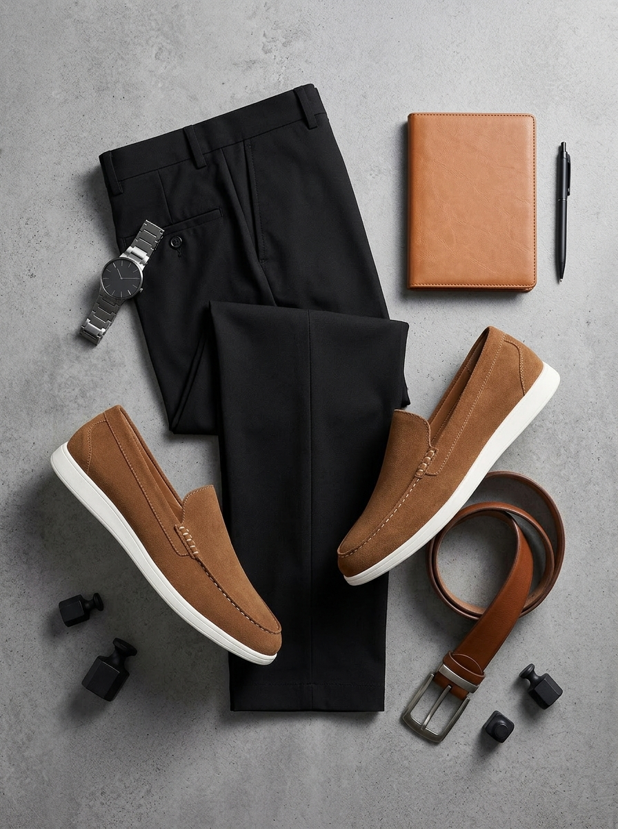 Tan suede penny loafers styled with black trousers, brown belt, notebook, and pen