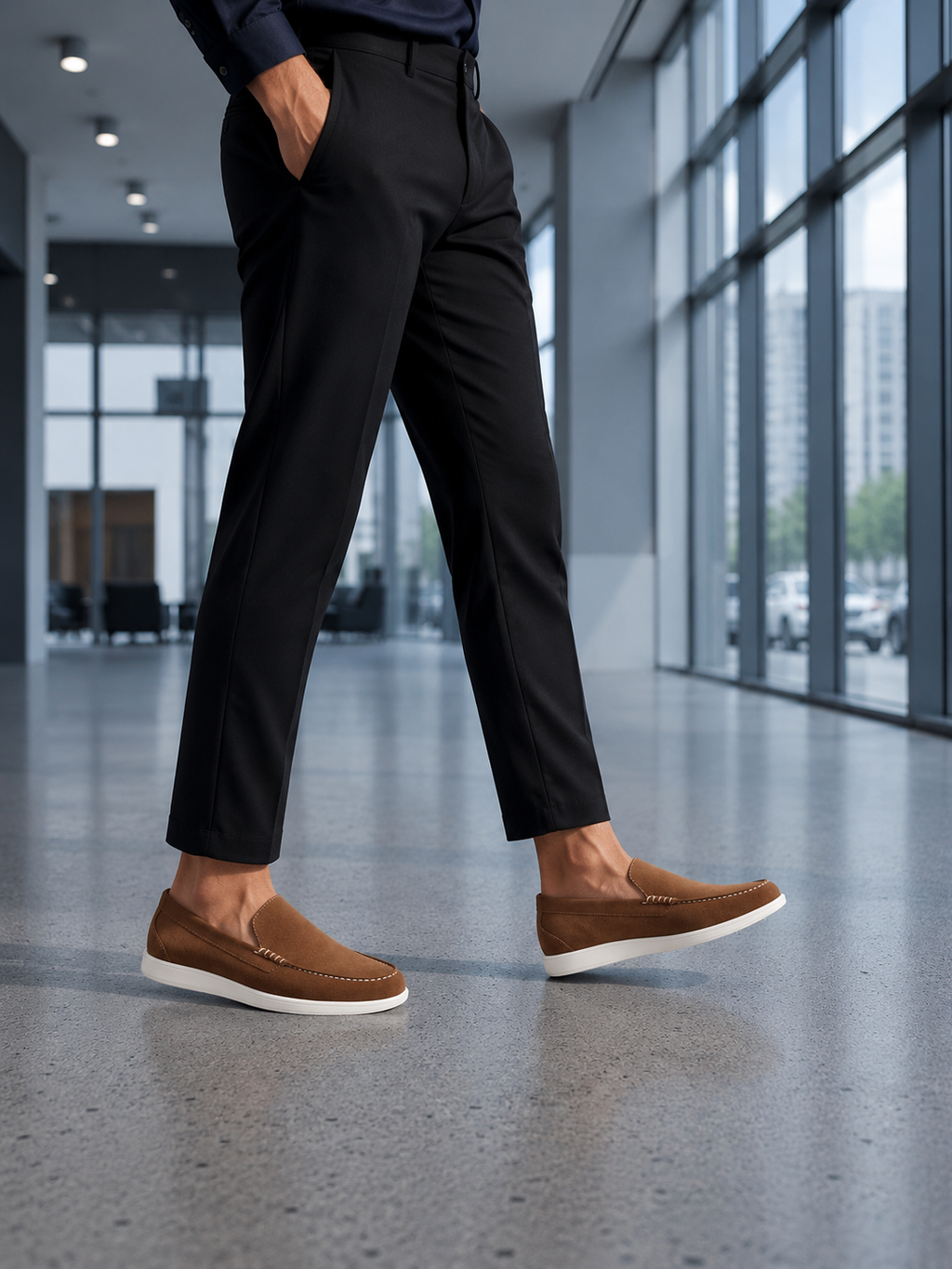 Person wearing black pants and brown shoes in a modern indoor setting