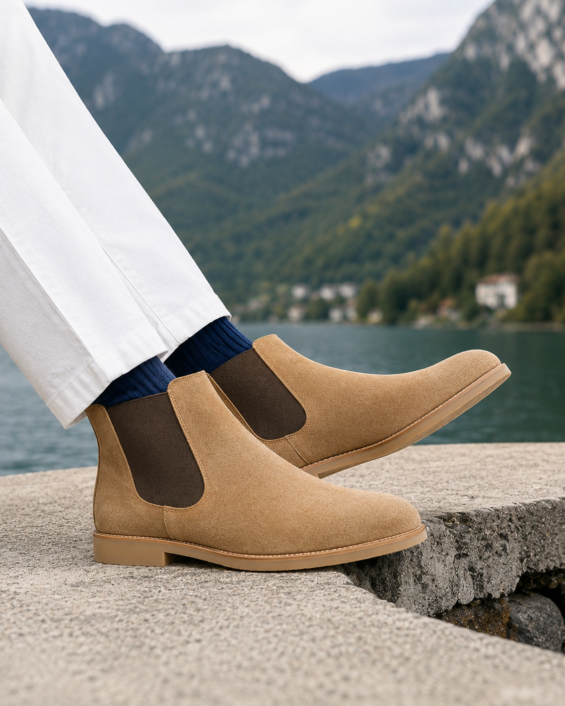 A person wearing tan suede Chelsea-style ankle boots with dark brown elastic side panels, paired with white trousers and navy socks, sitting on a stone ledge with a mountain lake landscape in the background.