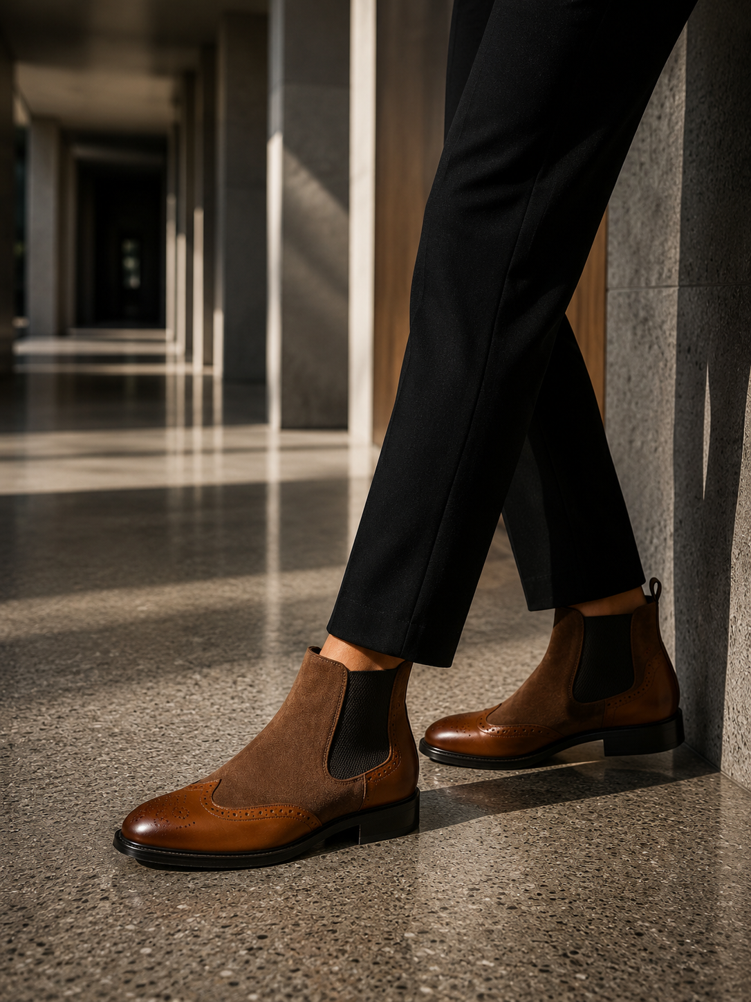 Brown leather shoes worn with black pants in an indoor setting