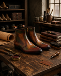 Pair of brown leather boots on a wooden workbench with tools and materials in a workshop setting.