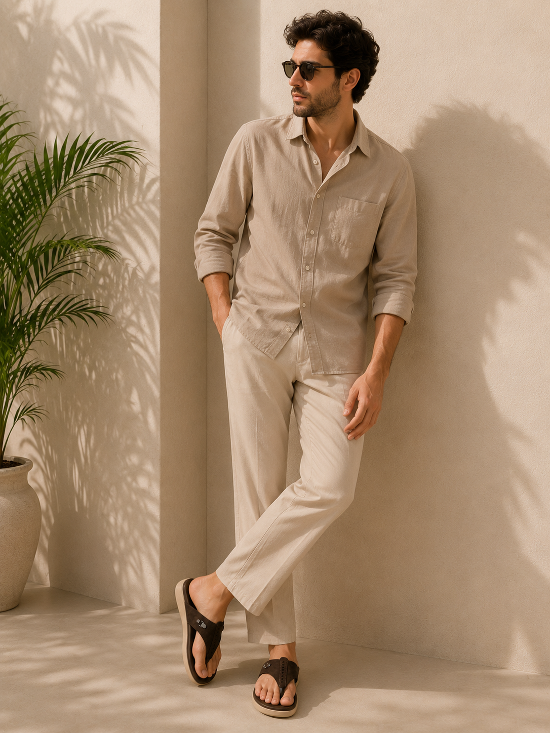Man in beige shirt and pants standing against a wall with a plant to his left.
